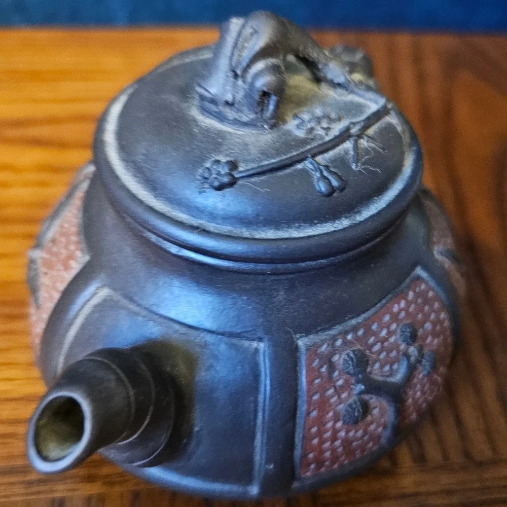 Vintage Yixing Zisha Clay Teapot Bamboo Plum Blossom Relief Purple Clay Teaware